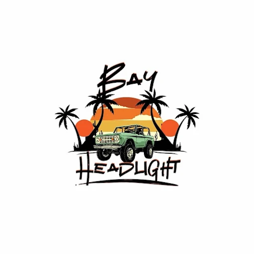 BayHeadlights logo: a vintage off-road truck between palm trees under a striped sunset